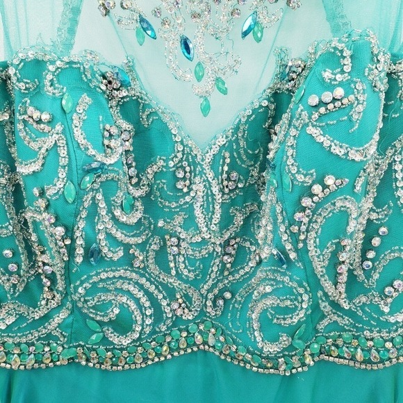 Rachel Allan 22w Prom Dress Teal Beaded Sequin Cap Sleeve Mesh Layered Maxi Long - Picture 14 of 16